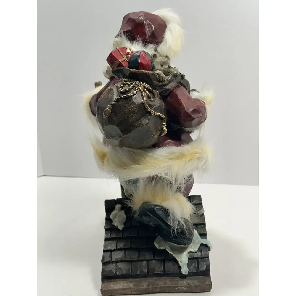 Vintage Wood Carved Art Santa Claus Entering Chimney With Sack Of‎ Toys Figure